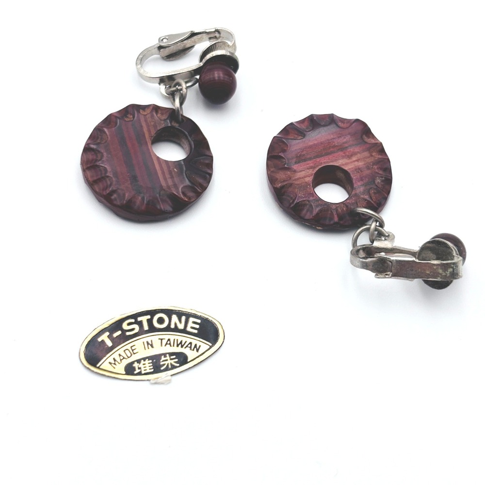 RARE Clip Earrings Vintage T-Stone Layered Lacquerware NWT Taiwan Export